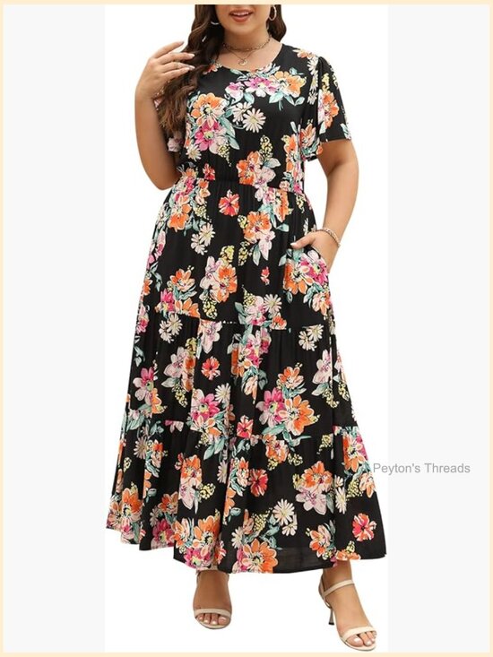 Dresses & Skirts - Plus Size Maxi Dress Ditsy Floral Print Boho Layered Flared with Pockets